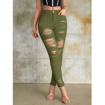 Blugi skinny fit, cu talie inalta, verde, dama, Shein