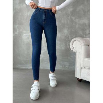 Blugi slim fit cu buzunare, talie inalta, albastru, dama