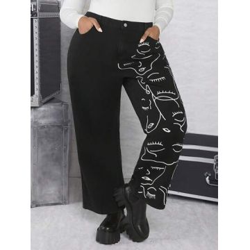 Blugi straghit fit, cu talie inalta si imprimeu, negru, dama