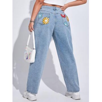 Blugi straight fit cu imprimeu floral pe buzunare, albastru