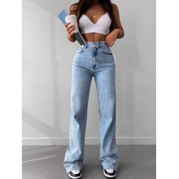 Blugi straight fit cu talie inalta, albastru