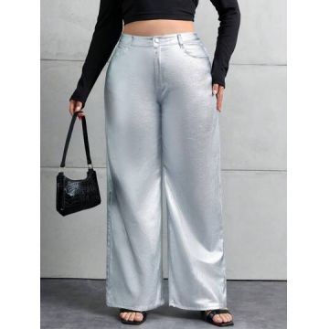 Blugi straight fit, cu talie inalta, argintiu, dama