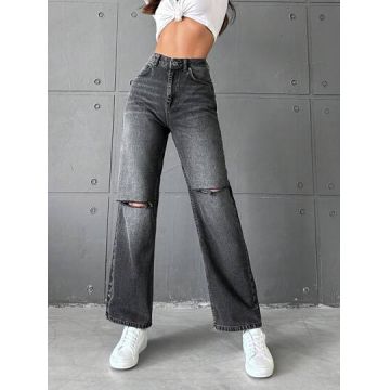 Blugi straight fit, cu talie inalta, negru, dama