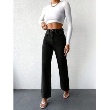 Blugi straight fit, cu talie inalta, Petite, negru, dama