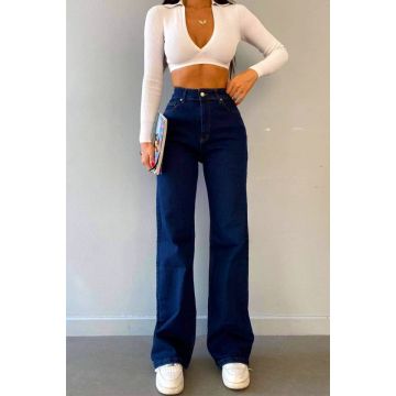 Blugi wide leg Gilbert, cu super elastan si talie inalta, Bleumarin
