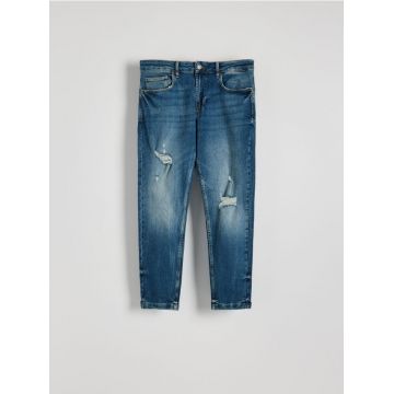 Reserved - Blugi carrot slim cu aspect deteriorat - indigo jeans