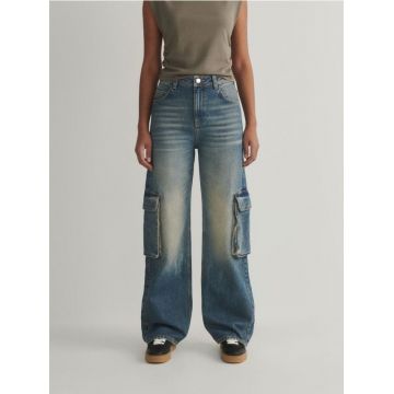 Reserved - Blugi wide leg cu buzunare cargo - indigo jeans