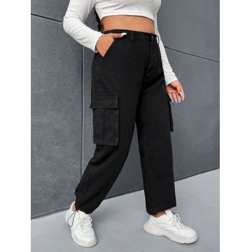 Blugi cargo cu talie inalta si cu snur reglabil la glezna, negru, dama, Shein