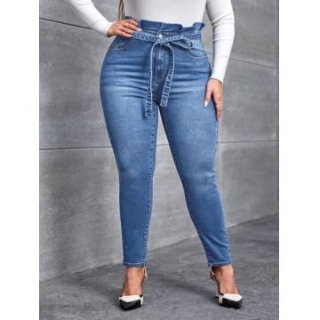 Blugi cu buzunare si cordon, albastru, dama, Shein