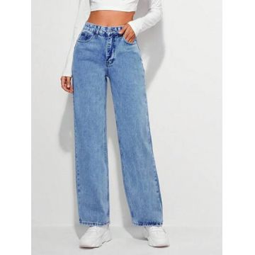 Blugi cu buzunare si fermoar, albastru, dama, Shein