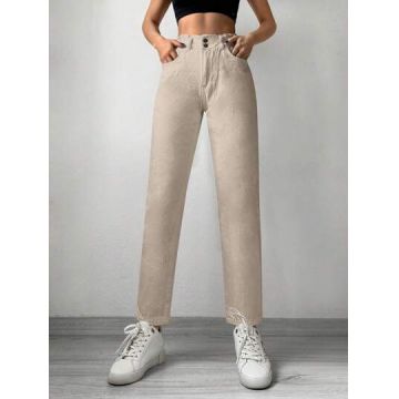 Blugi cu buzunare si talie inalta, crem, dama, Shein