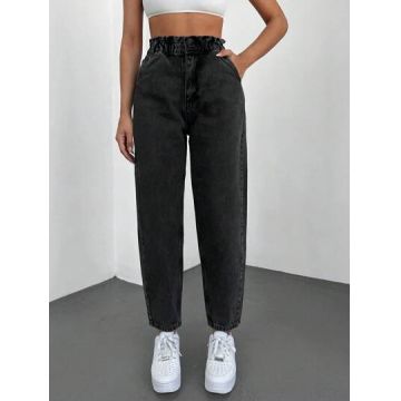 Blugi cu talie inalta, elastica, si buzunare, negru, dama, Shein