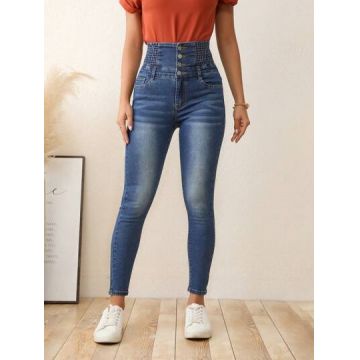 Blugi cu talie inalta si buzunare, albastru, dama, Shein