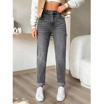 Blugi cu talie inalta si buzunare, negru, dama, Shein