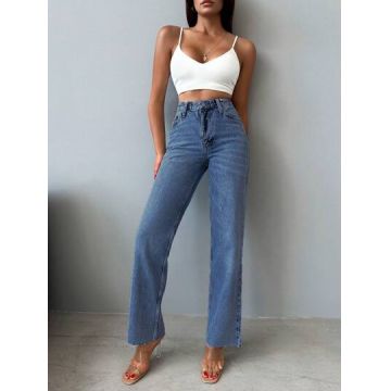 Blugi cu talie inalta si cu buzunare, straight fit, albastru, dama, Shein