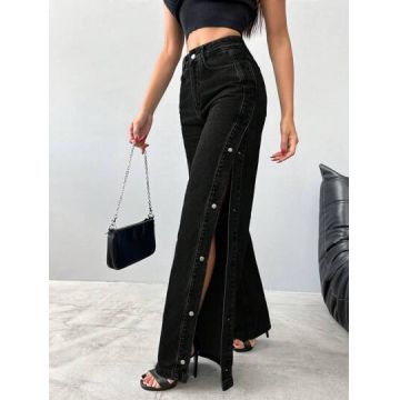 Blugi cu talie inalta si slit, capse, negru, dama