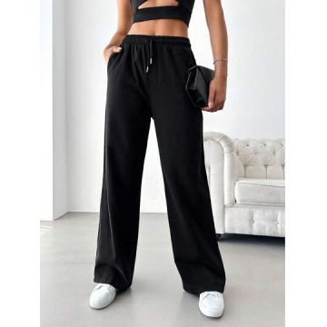 Blugi cu talie medie si snur reglabil, negru, dama, Shein