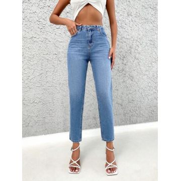 Blugi din denim, cu buzunare, albastru, dama, Shein