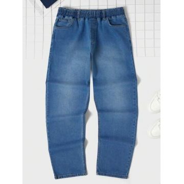 Blugi din denim, cu buzunare si talie elastica, albastru, barbati, Shein