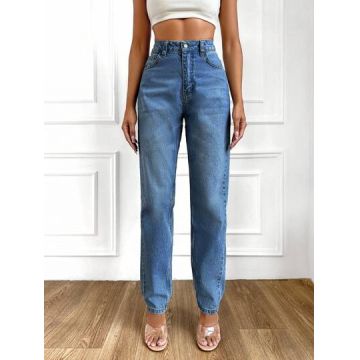 Blugi din denim cu buzunare si talie inalta, Petite, albastru, dama, Shein