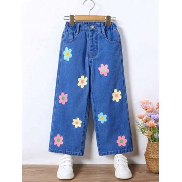 Blugi din denim cu imprimeu floral si buzunare, albastru, fete, Shein