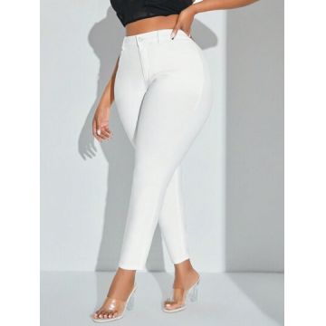 Blugi din denim, cu talie inalta, alb, dama, Shein