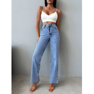Blugi din denim, cu talie inalta, albastru, dama, Shein