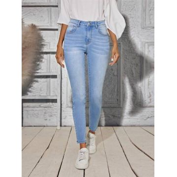 Blugi din denim, cu talie inalta, albastru, dama, Shein