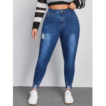 Blugi din denim, cu talie inalta, albastru, dama, Shein