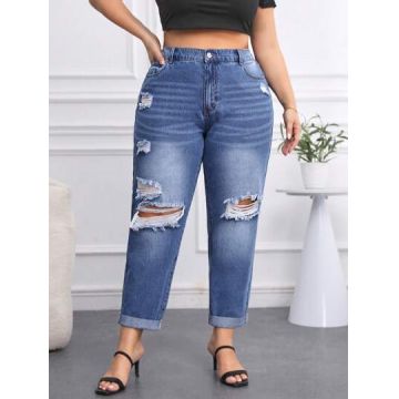 Blugi din denim, cu talie inalta, albastru, dama, Shein