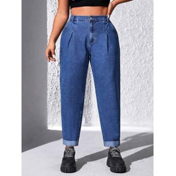Blugi din denim cu talie inalta, albastru, dama, Shein