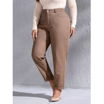 Blugi din denim, cu talie inalta, maro, dama, Shein