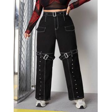 Blugi din denim, cu talie inalta, negru, dama, Shein