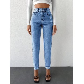 Blugi din denim, cu talie inalta, Petite, albastru, dama, Shein