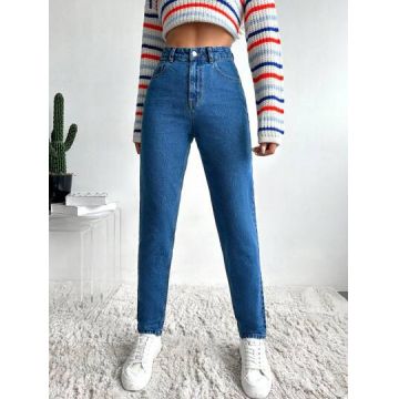 Blugi din denim, cu talie inalta, Petite, albastru, dama, Shein