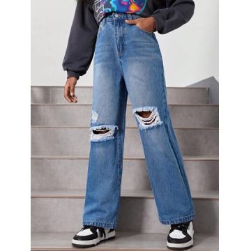 Blugi din denim, cu talie inalta si buzunare, albastru, fete, Shein