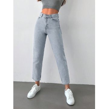 Blugi din denim cu talie inalta si buzunare, Petite, albastru, dama, Shein
