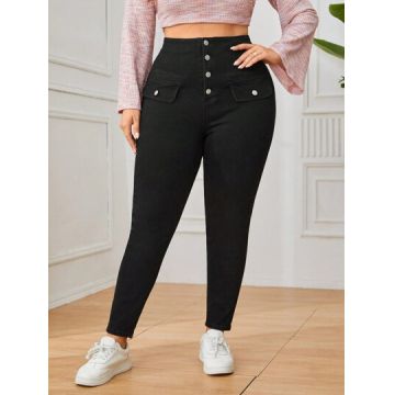 Blugi din denim, cu talie inalta si nasturi, negru, dama, Shein