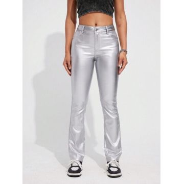 Blugi din denim, cu talie medie, argintiu, dama, Shein
