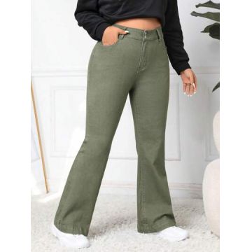 Blugi din denim, evazati, cu buzunare, kaki, dama, Shein