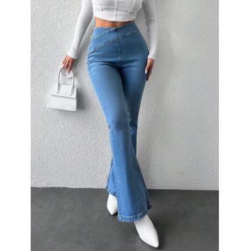 Blugi din denim, evazati, cu talie inalta, albastru, dama, Shein