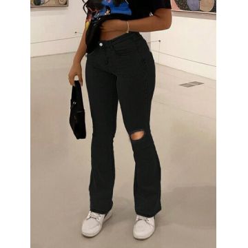 Blugi din denim evazati si decupati, negru, dama, Shein