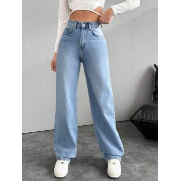 Blugi din denim, largi, cu talie inalta, albastru, dama, Shein