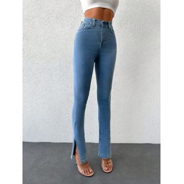Blugi din denim, slim fit, cu talie inalta, albastru, dama, Shein