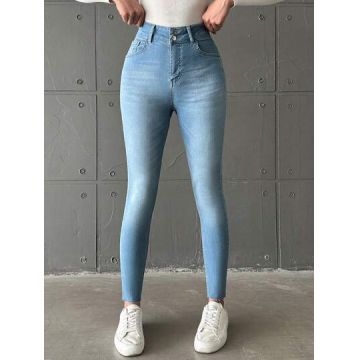 Blugi din denim, slim fit, cu talie inalta, albastru, dama, Shein
