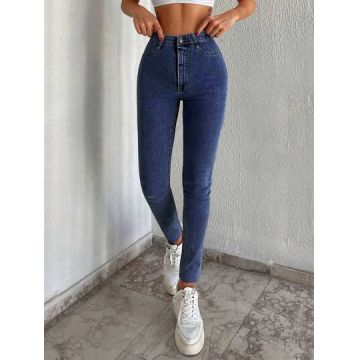 Blugi din denim, slim fit, cu talie inalta, albastru, dama, Shein
