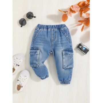 Blugi din denim tip cargo cu buzunare, albastru, baieti, Shein