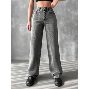 Blugi drepti, cu talie inalta, negru, dama, Shein