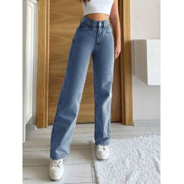 Blugi drepti, cu talie inalta, Petite, albastru, dama, Shein
