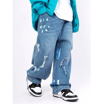 Blugi drepti din denim, cu buzunare, albastru, baieti, Shein